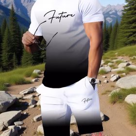 Ensemble de jogging décontracté d'été pour homme - T-shirt à manches courtes et short à poche à imprimé rayé, dégradé du bleu au noir, matière , lavable en machine
