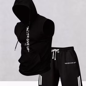 NEVER GIVE UP" Vertical Print Sleeveless Hooded Vest + Shorts 2pcs Set Men's Summer Fitness Training Outfit