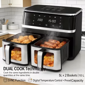 Friteuse à air visuelle à double compartiment, friture et grillage sans huile, 2000W, 2 friteuses indépendantes avec 6 profils prédéfinis, écran tactile numérique, grande capacité de 10,6 QT, paniers lavables au lave-vaisselle, chauffage 3D à 360 degrés, noir