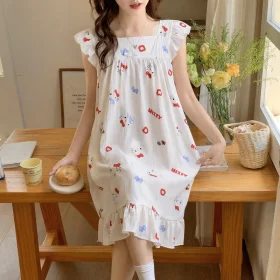 Summer new princess wind cloud cotton nightdress short sleeve hello kitty cute sweet cartoon loose medium and long loungewear