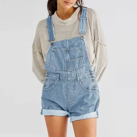 Womens Denim Overalls Vintage Loose-Fit Straight-Leg Shorts Denim Jeans Romper Summer One Piece Pockets Cotton Pants Jumpsuits