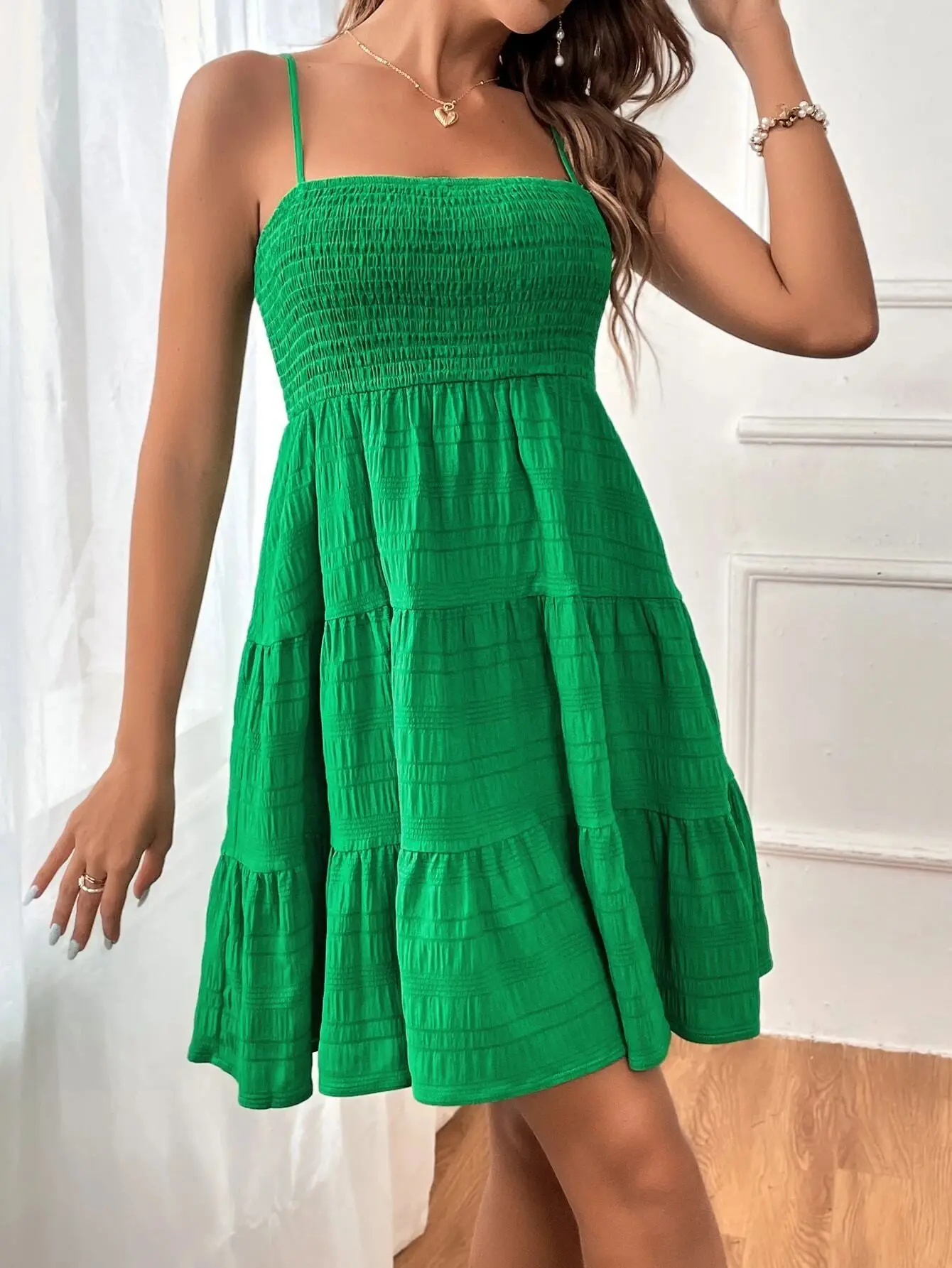 Women's Fashion Spaghetti Strap Smocked Bustier Mini Dress Blue Ruffled Tiered Swing Dress Summer Casual Vacation Beach Wear - Image 6