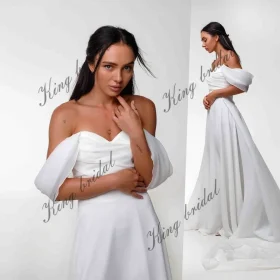 Minimalist Crepe A-line Wedding Dresses Off The Shoulders Wedding Dress Organza Train Skirt Custom Wedding Gown Bride Dress