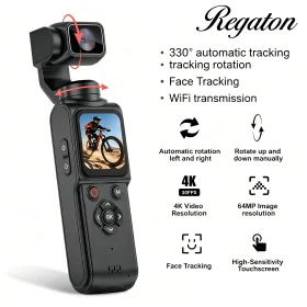 Regaton 4K Action Camera 330° Face Tracking Gimbal Stabilizer 1.72 Inch Touch Screen 64MP Pocket Digital Camera WiFi Sports DJ