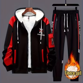 Ensemble 2 pièces Homme Veste à Capuche et Pantalon d'Hiver Chaud - & Bloc de Couleurs Rouge, Vêtement d'Extérieur Décontracté Zippé avec Poches, Manches Longues, Coupe Standard, Polyester, Parfait pour l'Automne/Hiver, Vêtements d'Hiver | Veste à Capuche | Veste Zippée