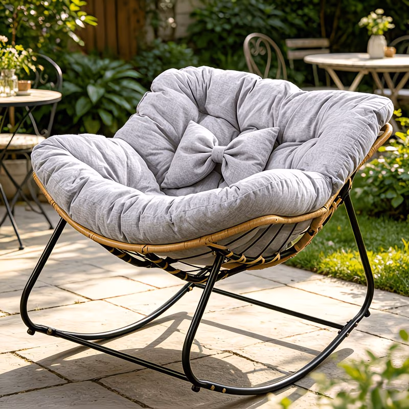 Chaise à bascule de patio d'extérieur avec coussins épais, une chaise à bascule confortable avec un coussin d'appoint à nœud papillon, et une chaise longue de détente résistante aux intempéries. Convient pour les cours, les jardins, les balcons et les porches - Image 3
